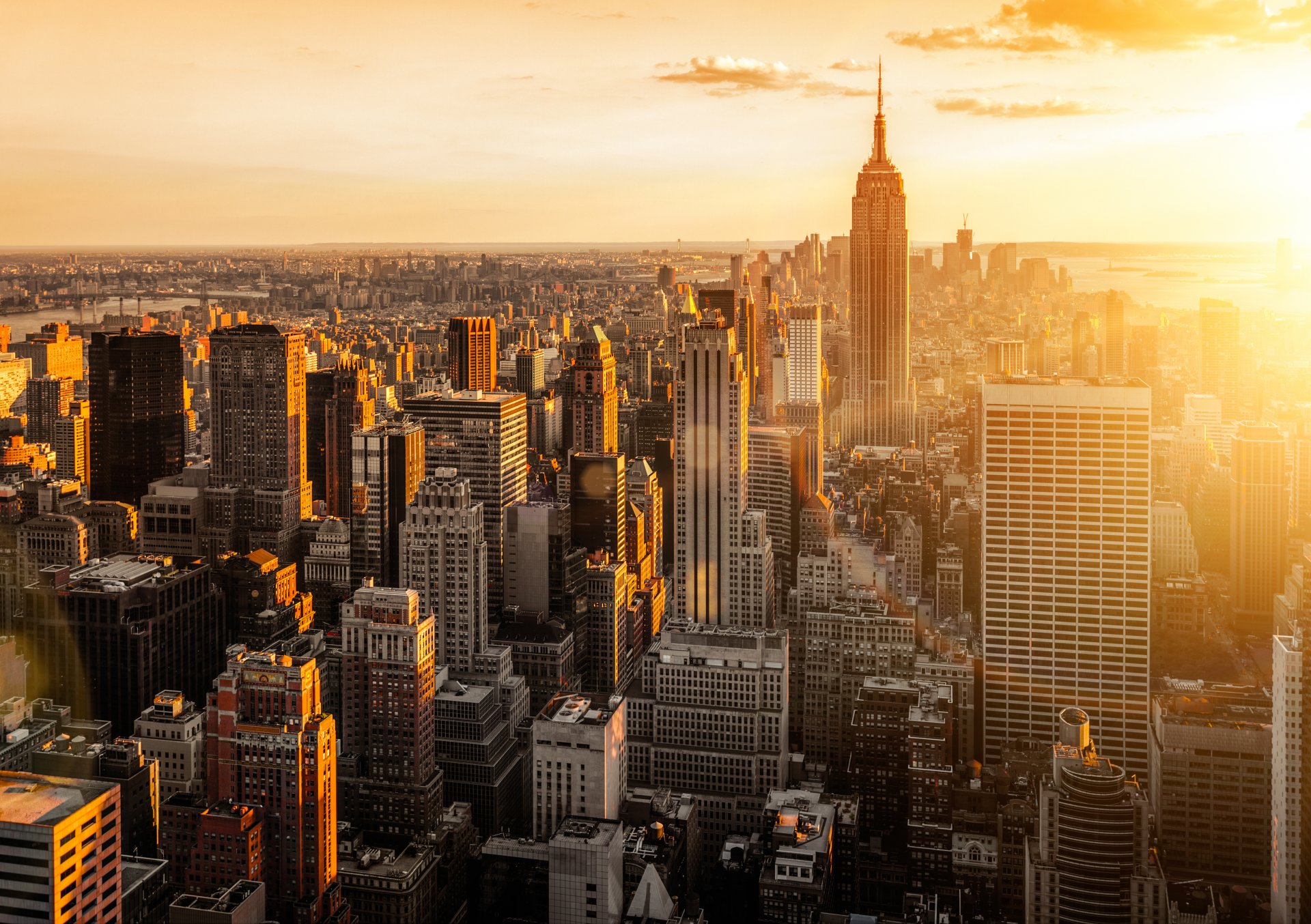 new york usa manhattan city morning dawn panorama view skyscrapers buildings skyscrapers houses roof