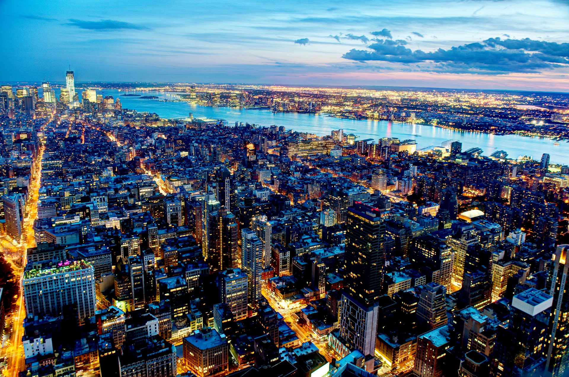 new york town night lights river skyscraper