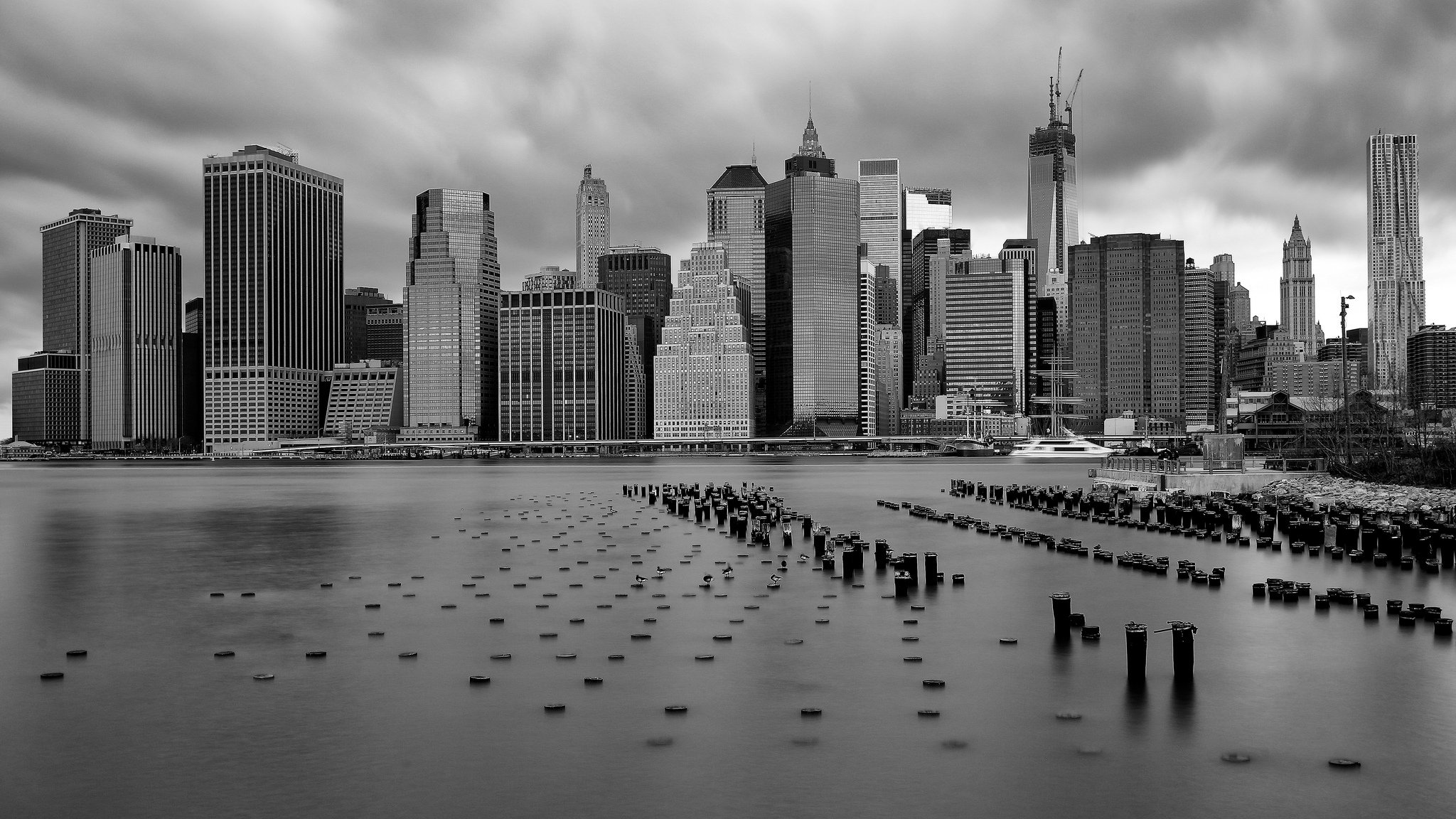 downtown new york usa ocean skyscraper black-and-white photo