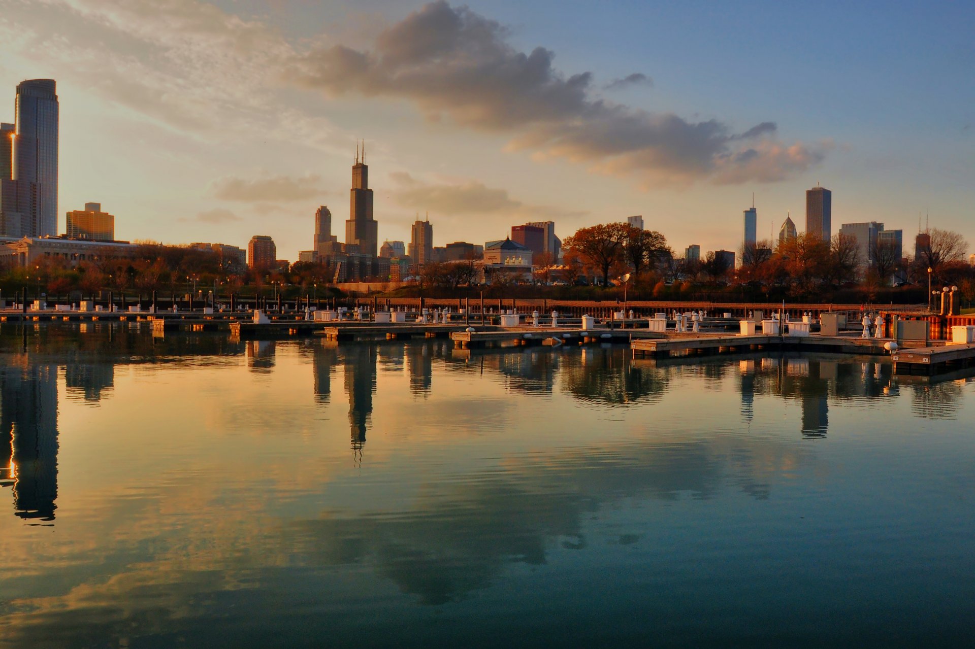 chicago illinois estados unidos ciudad noche panoramas rascacielos bahía muelle otoño