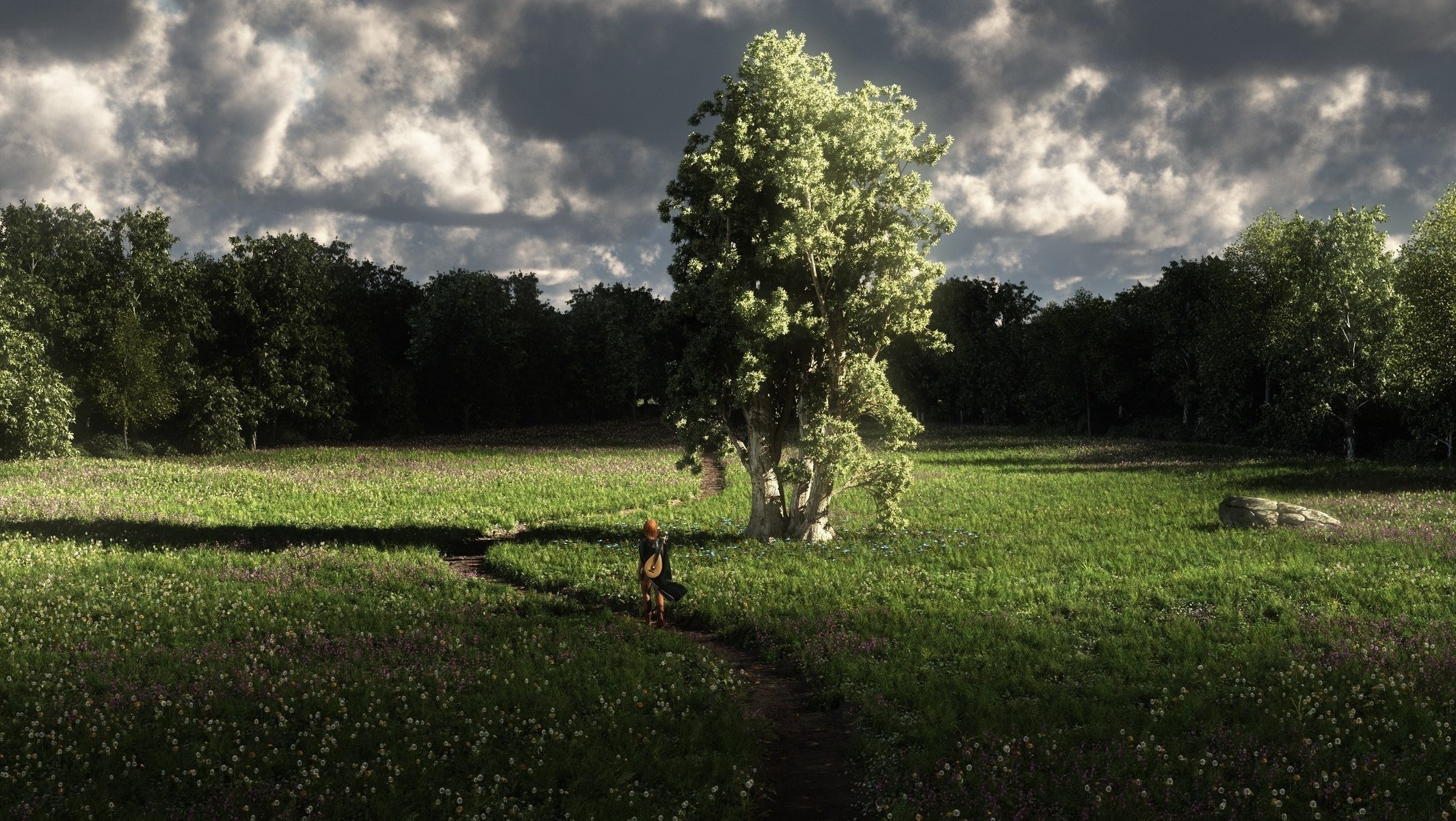 kunst gras wald laute baum natur mädchen