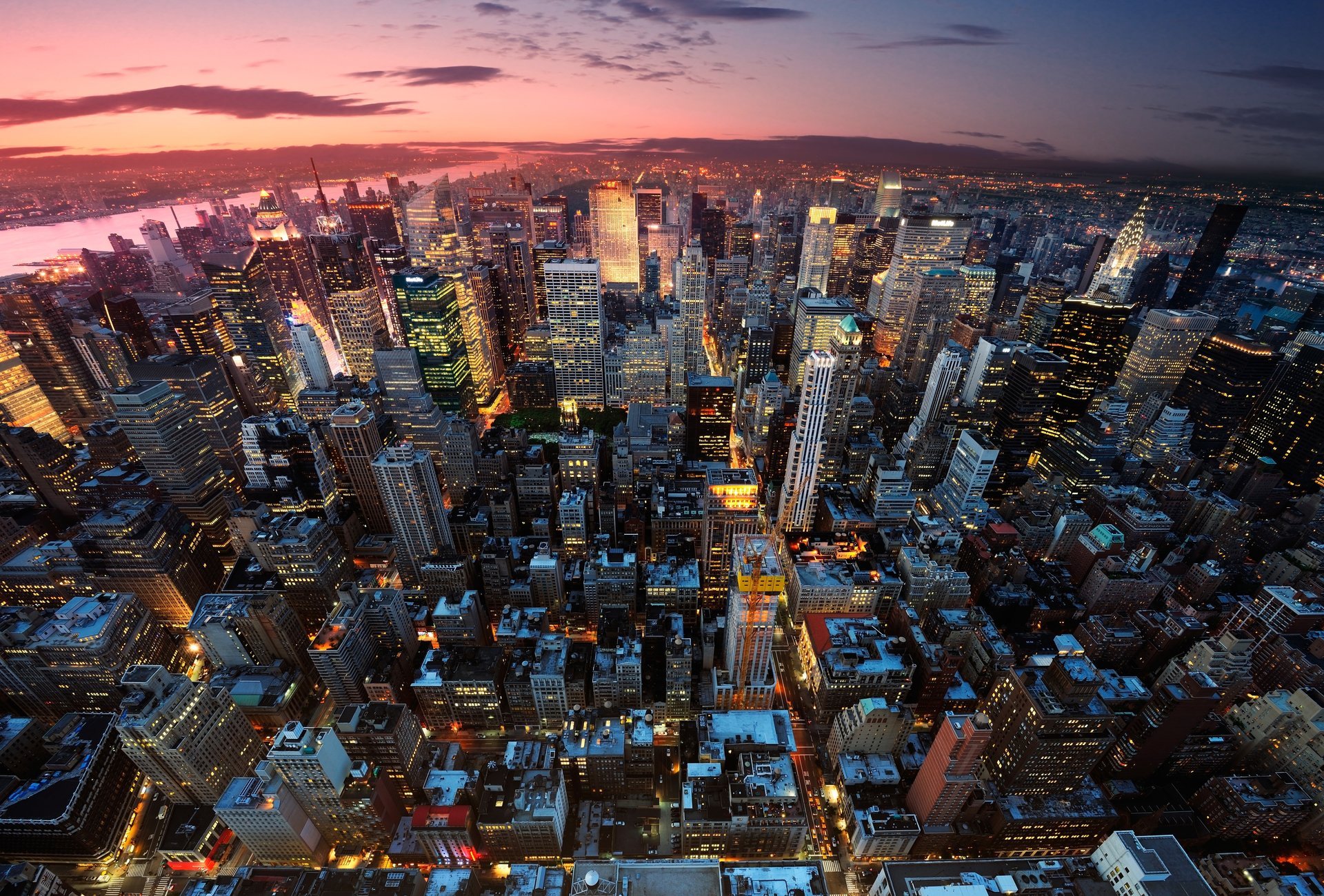 new york manhattan états-unis ville panorama soirée coucher de soleil lumières lumière maisons bâtiments gratte-ciel gratte-ciel