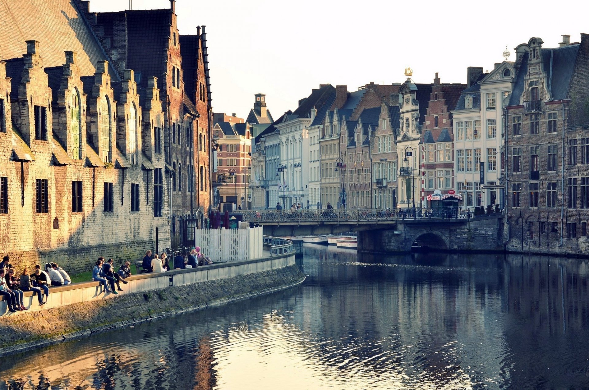 gent belgium town house buildings water reflection bridge channel window