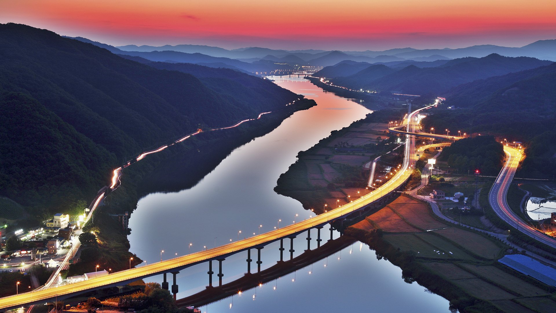 korea bridge river mountain hills road