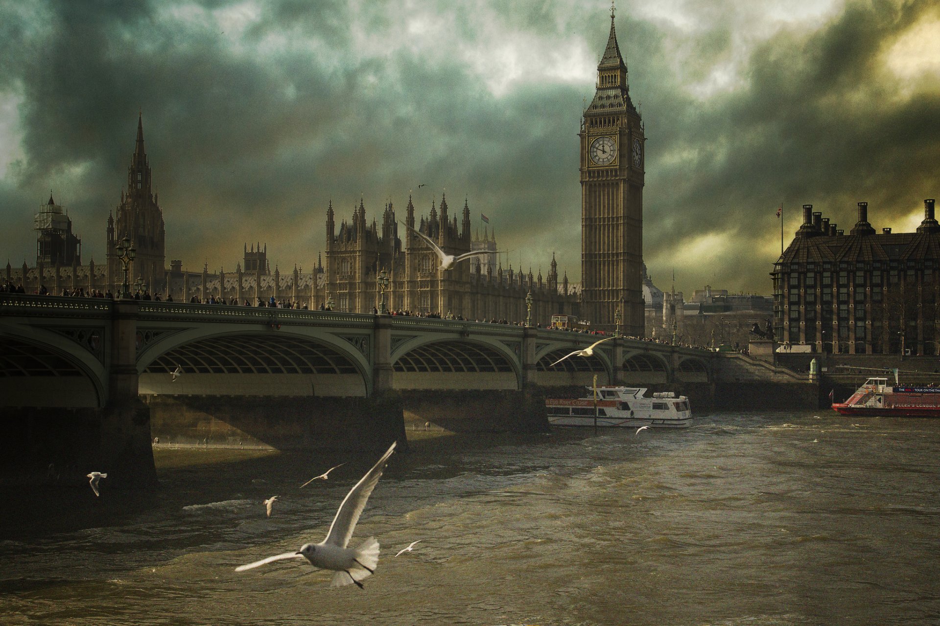 inglaterra londres puente río pájaros gaviotas nubes