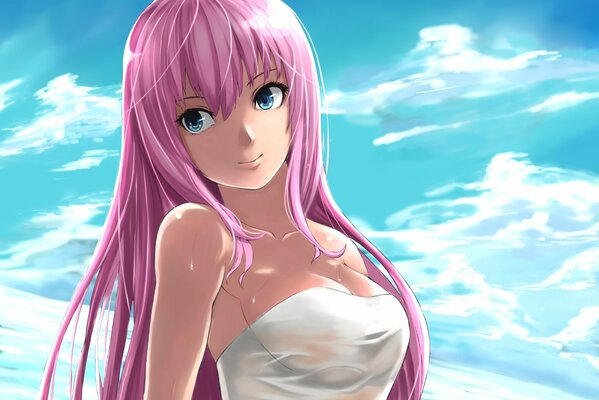 Anime Mädchen mit rosa Haaren auf blauem Himmel Hintergrund