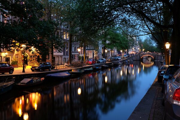 Twilight on a quiet Amsterdam canal