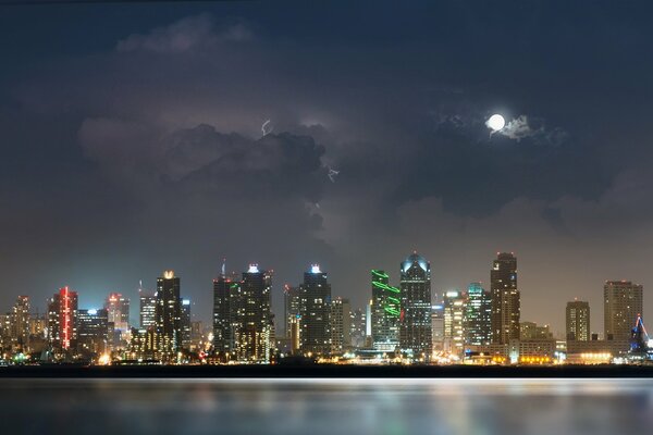 The twinkling lights of the city of San Diego in the moonlight