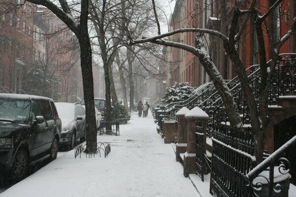 A snow-covered city on a cold day