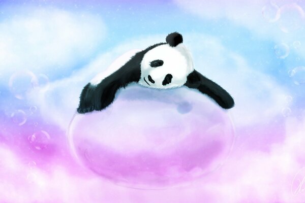 A big pink bubble is holding a panda