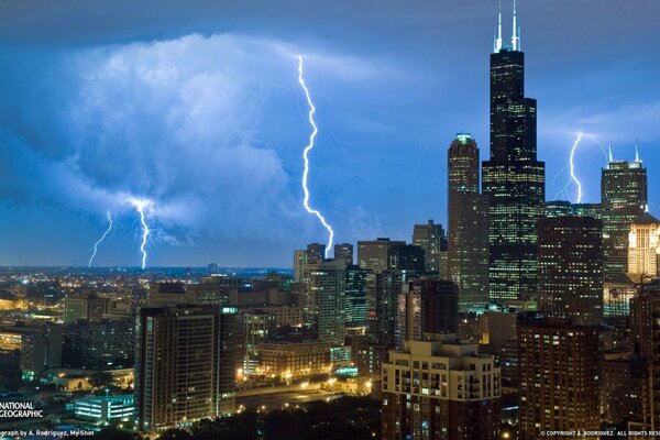 Evening thunderstorm in the USA near skyscrapers