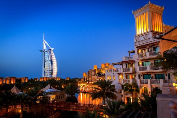 Evening in Dubai. Beautiful buildings near palm trees