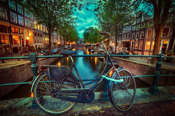 Stary rower na moście w wieczornej Holandii