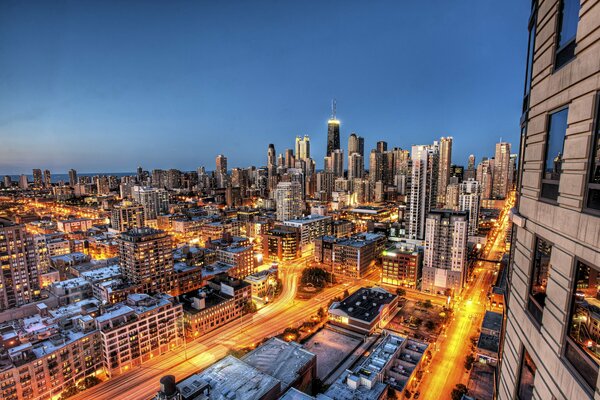 Photo of Chicago s evening skyscrapers