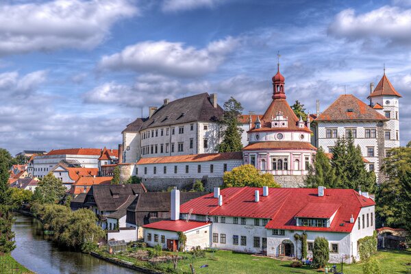 European town on the river bank