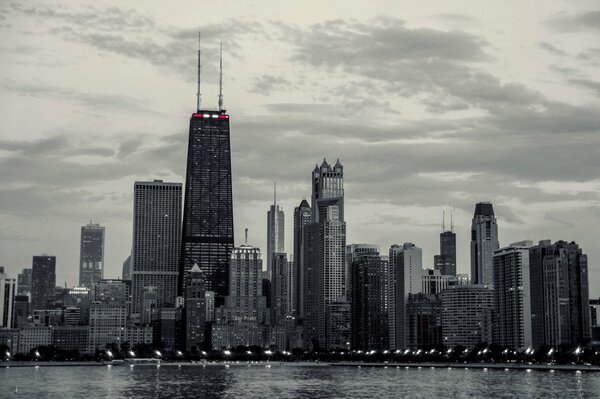 Black and white photo of Chicago skyscrapers