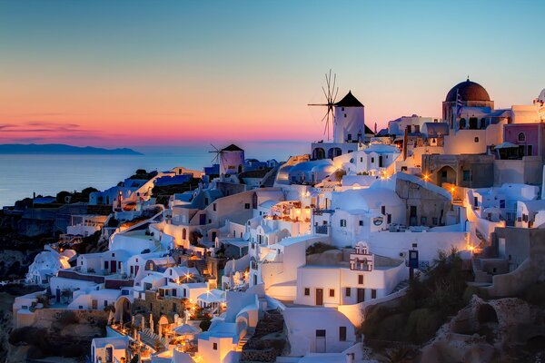 Greece evening Santorini city sea