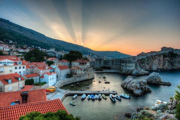 Croatian bay in the rays of sunrise