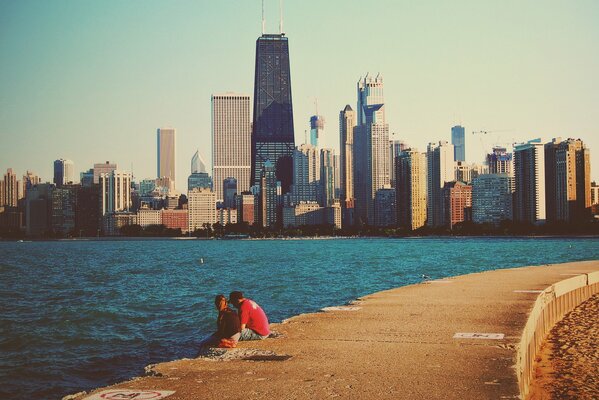 View from the embankment to the skyscrapers of Chicago