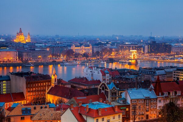 A quiet city in the evening from a bird s-eye view