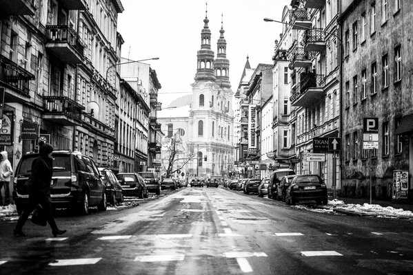 Black and white photo of a city in Poland