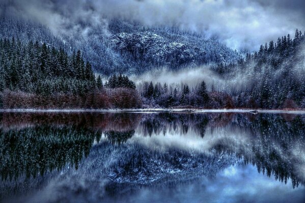 Reflection of a fabulous snow-covered forest in the mountains