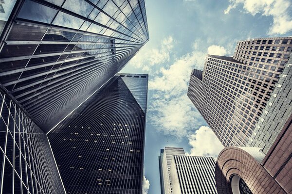 Photos of city skyscrapers from below