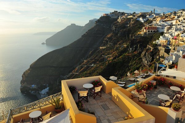 Meer Stadt Abend Berge Santorini Griechenland