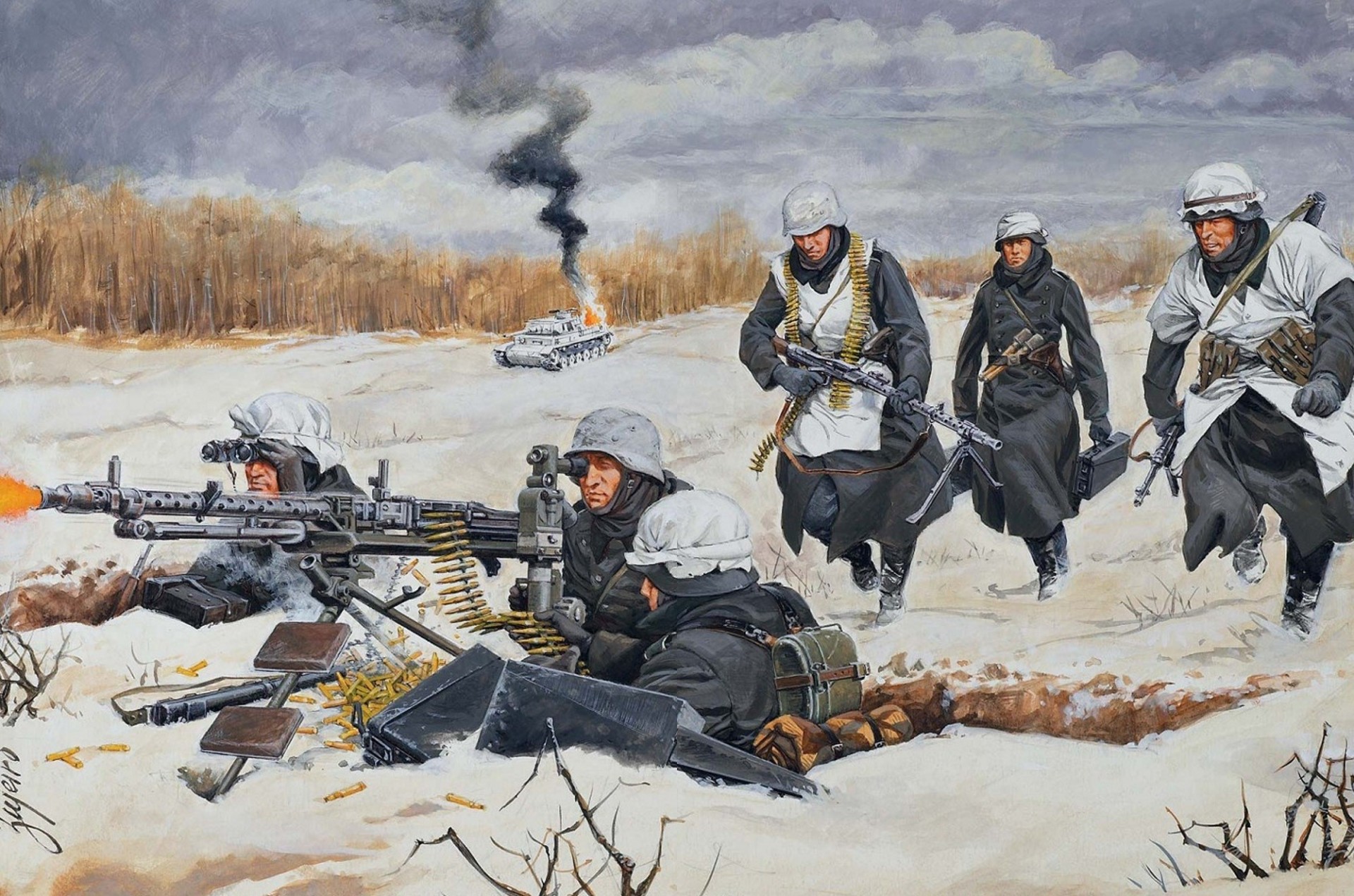 kunst großer vaterländischer krieg tank position soldaten deutsch schüsse maschinengewehre zeichnung schnee mg-34 feuer winter