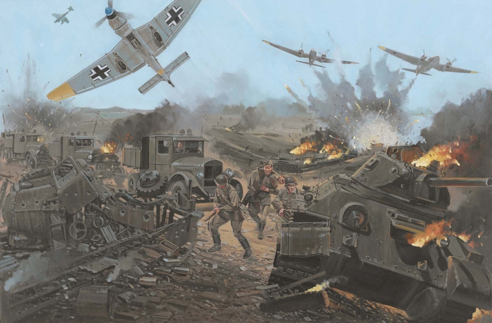 arte grande guerra patriottica soldati tedesco 1942god autobronetech yu. 87 bombardamento auto corsa colonna carri armati lotta piazza città maggio kharkov aerei disegno sovietico