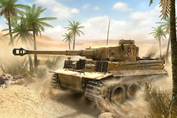 Tank in the desert among palm trees and sand