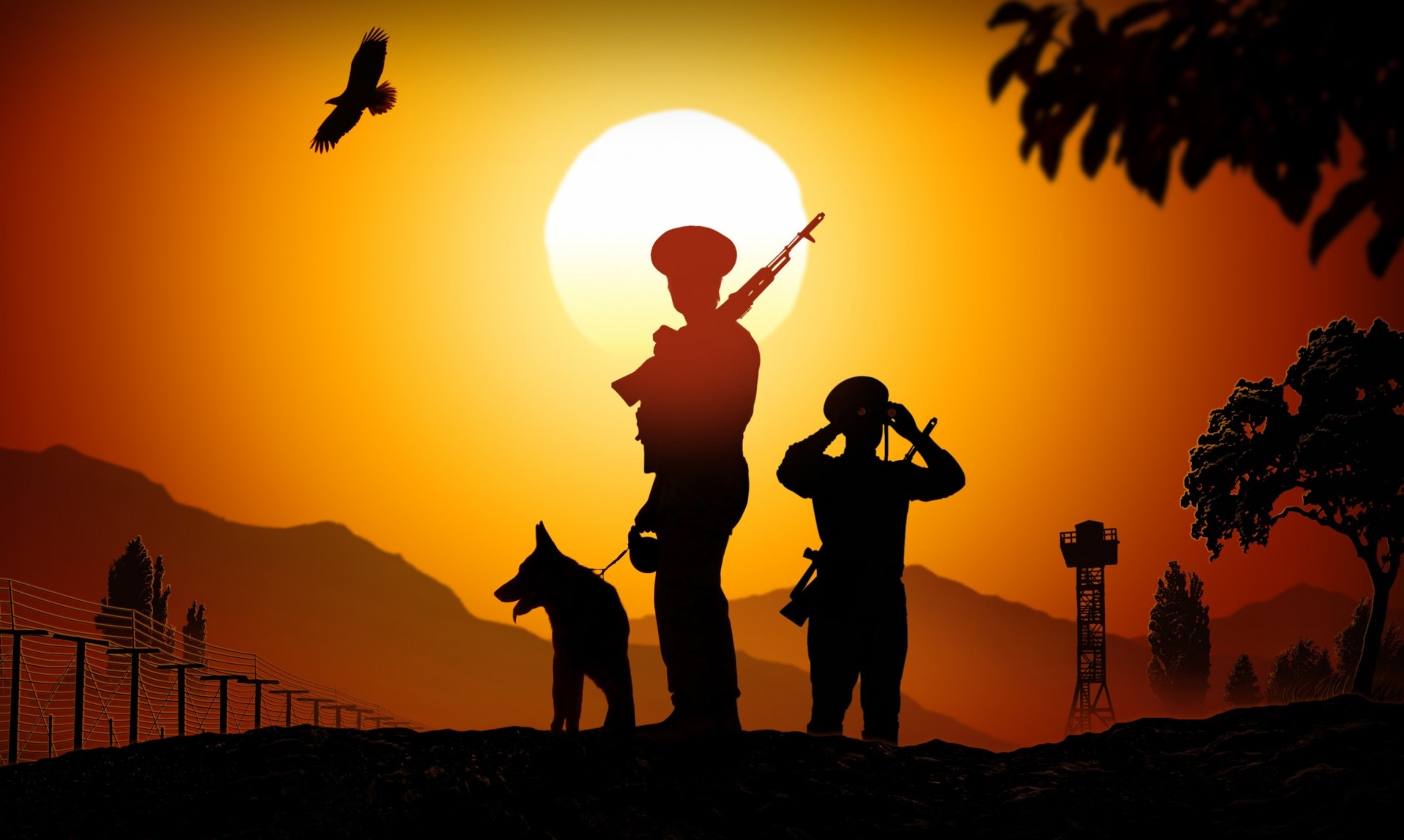 kunst grenzsoldaten soldaten grenze streifen sonnenuntergang schloss schlüssel tasche. silhouetten grenze auf