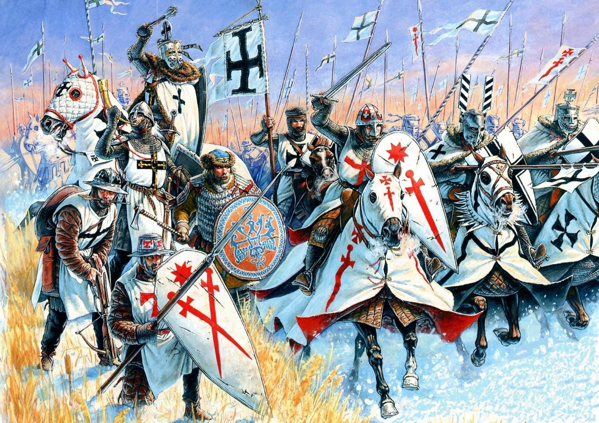 art armes boucliers porte-étendard casques hache de guerre rouge stormtrooper arbalète chevaliers teutoniques maître arbalétrier mercenaire trompettiste capes blanches armure de cotte de mailles jambières épées lourdes noir capes 13ème siècle grands chevaux de combat dessin lances