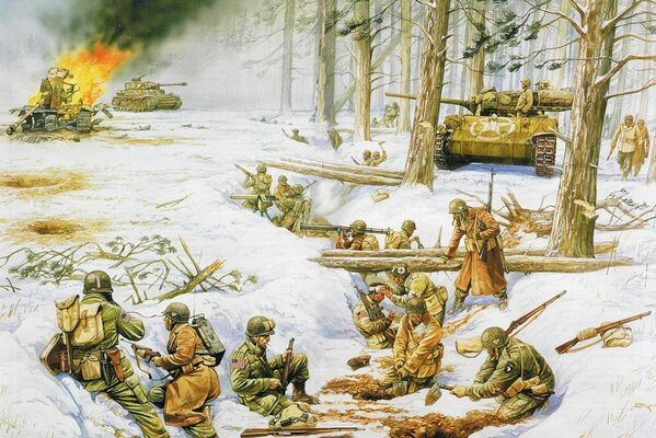 Soldaten kämpfen im Winter und verstecken sich in Schützengräben