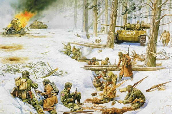 Soldiers fight in winter and hide in the trenches