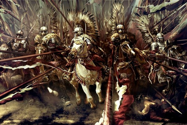 Pintura con la imagen de guerreros con armadura a caballo