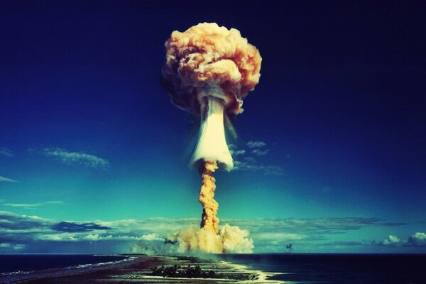 The explosion of an atomic bomb in the sky