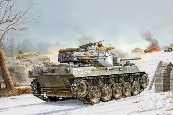 Dibujo de un tanque en invierno en la batalla