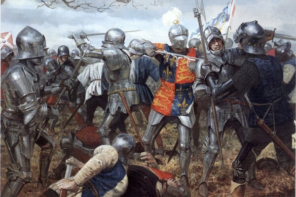 Battaglia di cavalieri in armatura con spade