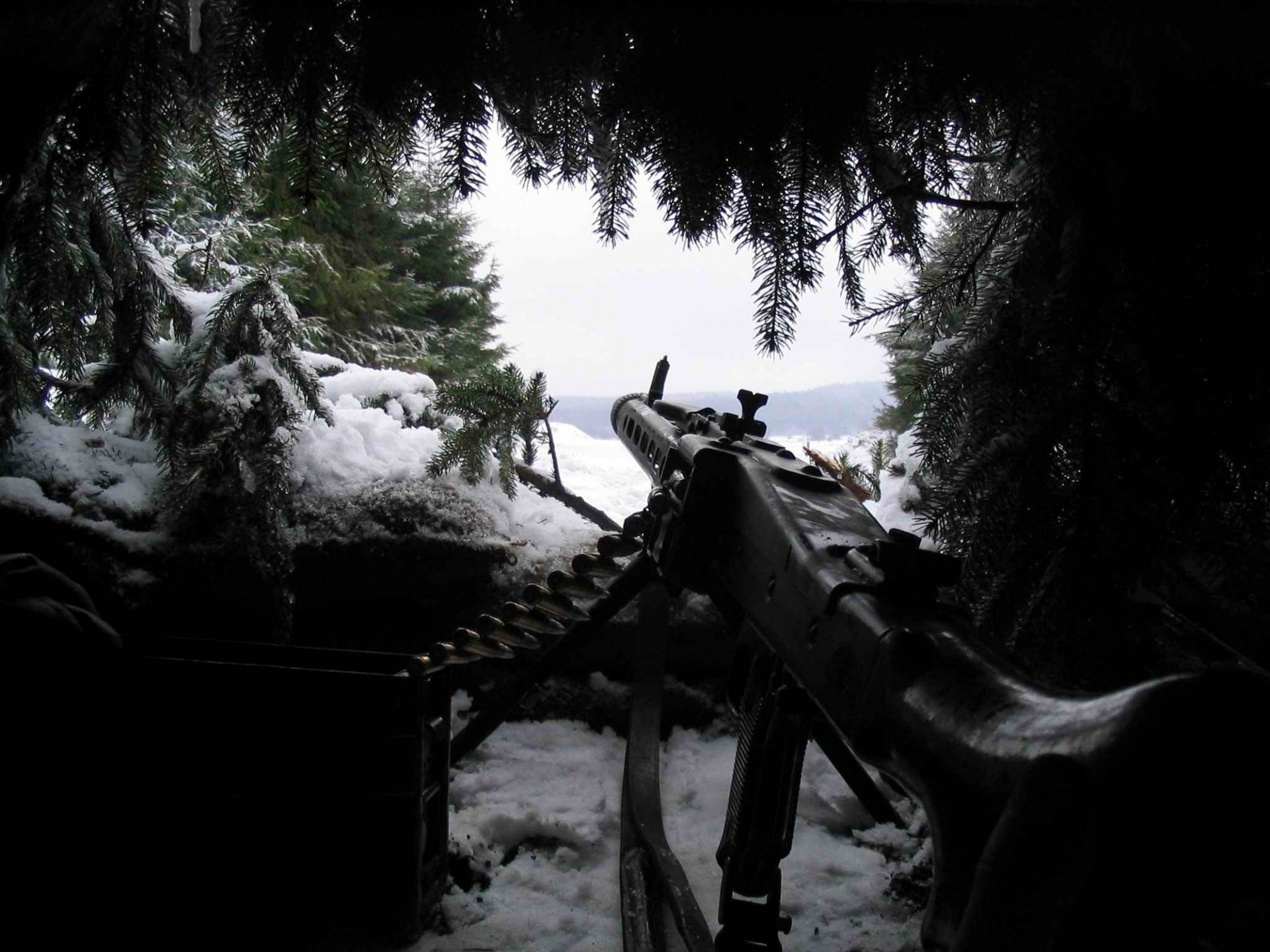 palm machine gun snow shelter winter