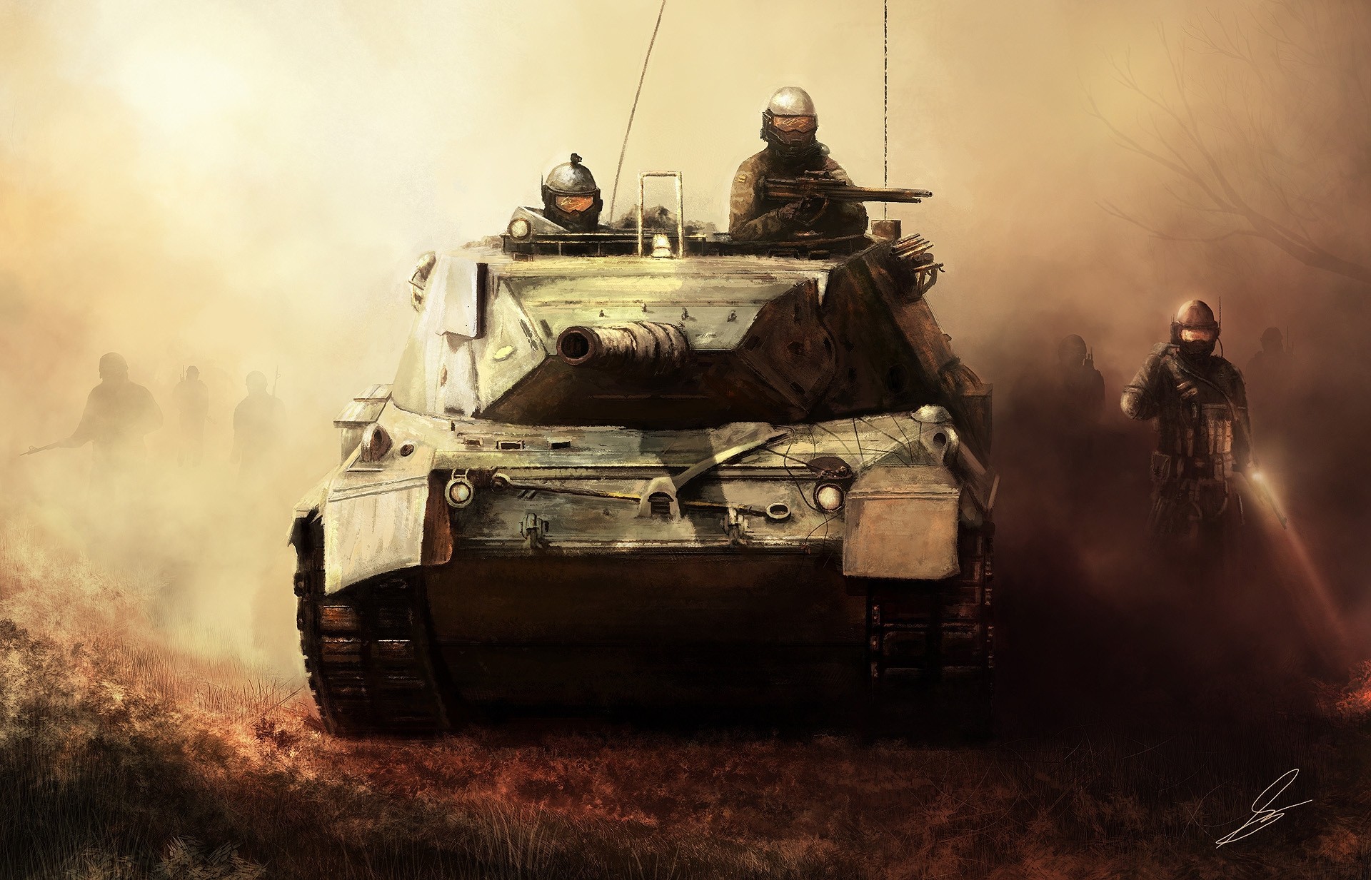 art weapon tank men fog invasion war