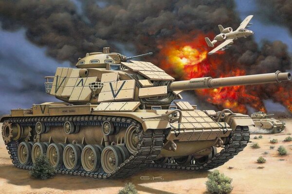 Боевой танк ведёт бой в пустыне