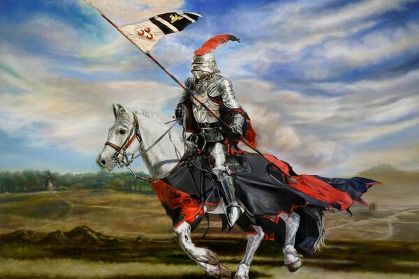 Knight in armor on a white horse