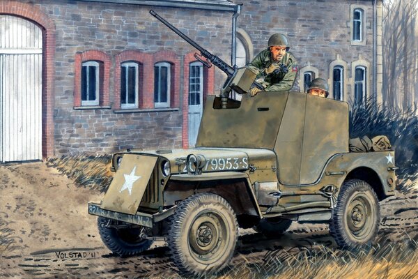 A jeep is driving along the road. Painting art. Street protection