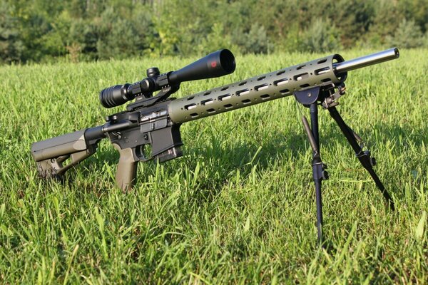 Fusil de sniper sur fond d herbe verte