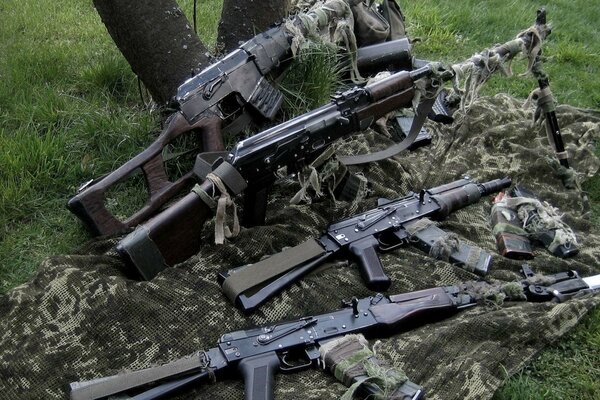 Machine guns and submachine guns at a tree on the grass