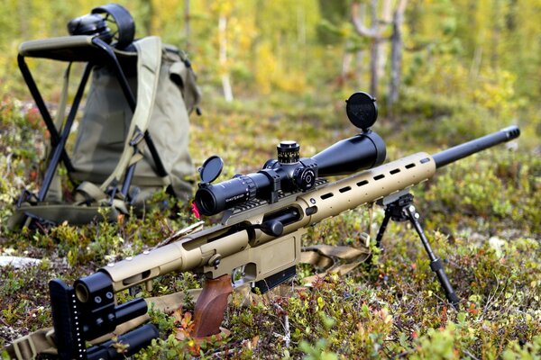 Und wartet auf eine Waffe im Wald seiner Stunde