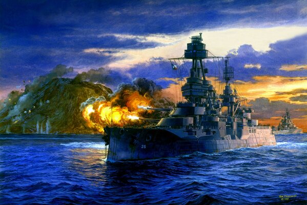 A picture of the theme of war. Ships on the water