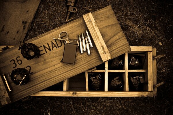 A wooden box with grenades in it