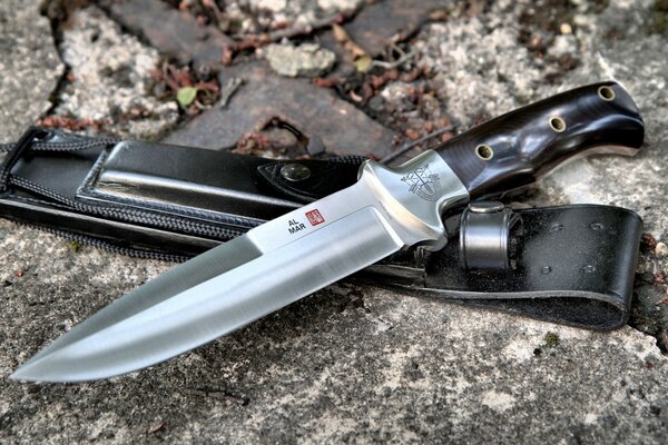 Il coltello con manico nero poggia su kabur